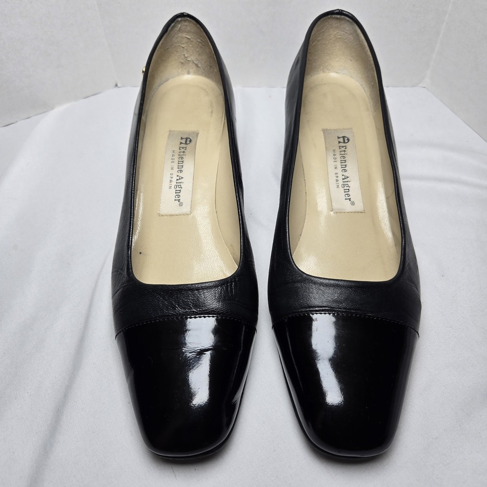 Etienne Aigner Siena Black Leather Patent Cap Toe Block Heel‎ Pump 8M Office